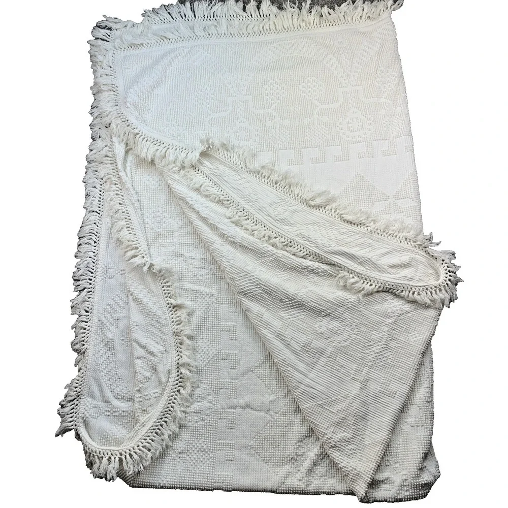 Fringed Chenille Medallion Bedspread Mid Century Off White Cotton 76 x 109 King